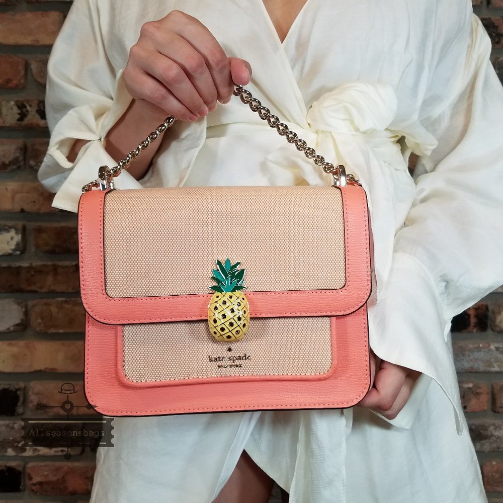 AUTHENTIC Coral Beige Kate Spade Remi Pineapple Flap Chain Crossbody CANVAS - Picture 1 of 8